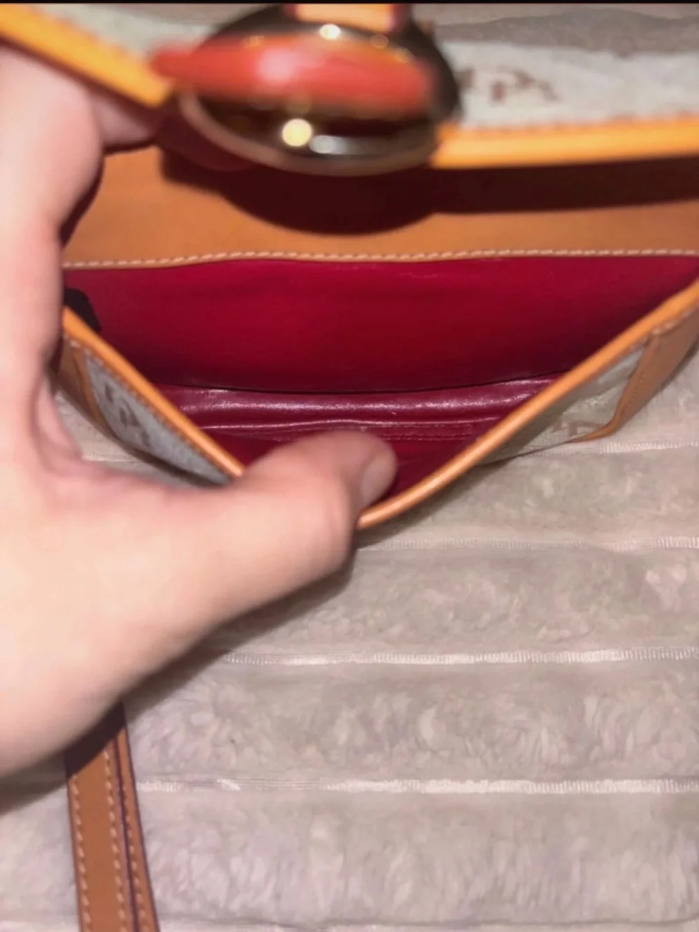 Dooney & Bourke Beige Logo Canvas and Tan Leather Wristlet